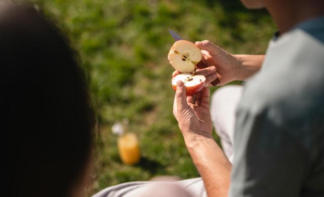 Freshly sliced South Tyrolean apple, a healthy snack on the go.