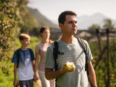 Family hiking through South Tyrolean apple orchards.