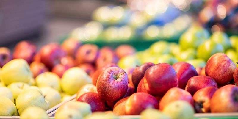 View of the selection of South Tyrolean apples at the CAFA fruit cooperative store in Merano